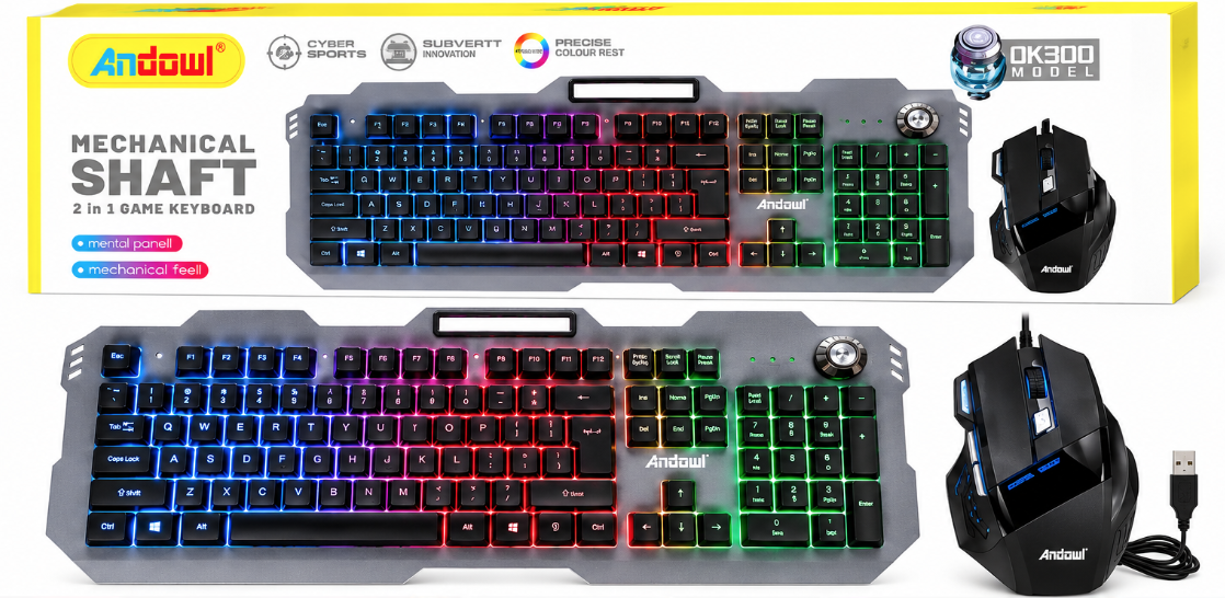 Kit Gaming Andowl OK300 2 in 1 Tastatura cu Mouse Iluminare RGB Design Mecanic